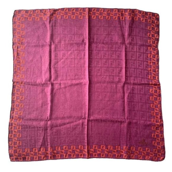 Fendi Orange Pink Zucca Print Square Silk Scarf